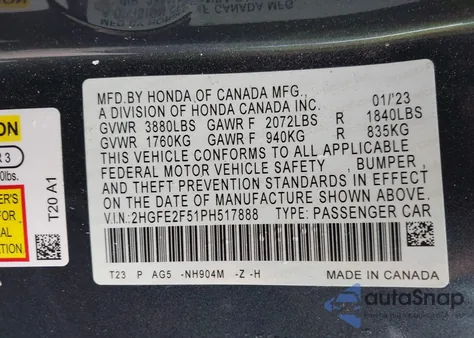 2023 Honda Civic Sport from USA, damaged, VIN 2HGFE2F51PH517888